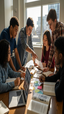 A group of diverse students collaborating on a school presentation about civil rights leaders. Cinemの素材