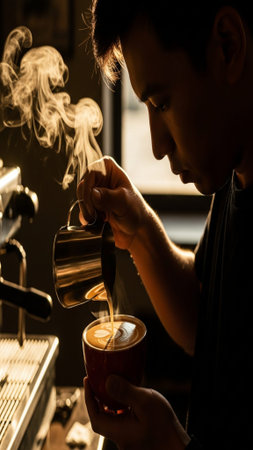 A vertically composed, cinematic editorial shot capturing the side profile silhouette of a barista aの素材