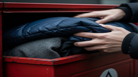 Cinematic wide-angle extreme macro photograph focusing tightly on anonymous hands organizing and pusの素材