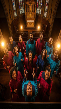A cinematic, ultra-realistic capture of a large, diverse gospel choir performing fervently on a stagの素材