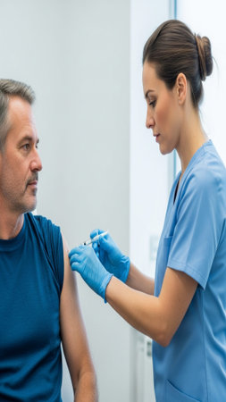A professional nurse administers a flu shot vaccination to a middle-aged patient in a brightly lit,の素材