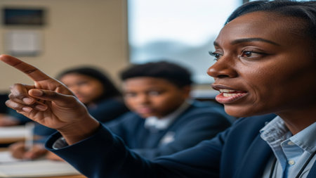 Extreme close-up macro portrait of a passionate Black high school teacher discussing science achieveの素材