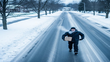 A candid, high-angle top-down shot of a determined delivery worker navigating an icy, partially snowの素材