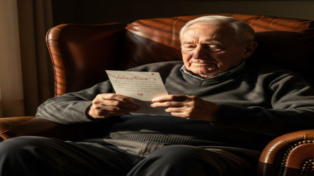 Candid, wide-angle cinematic portrait of a senior grandfather reading a heartfelt, handwritten Valenの素材