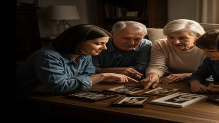 A family gathering, sharing stories and looking at old, framed photographs related to their heritageの素材