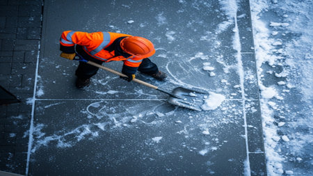 Editorial high angle shot showing a professional construction worker performing winter maintenance bの素材