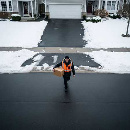 A cinematic, high angle top-down view of a delivery driver navigating a partially snow-covered suburの素材