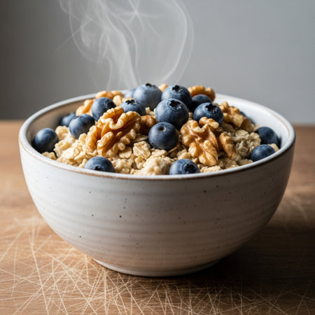 A cinematic wide-angle photograph capturing a nutritious bowl of hot steel-cut oats, generously toppの素材