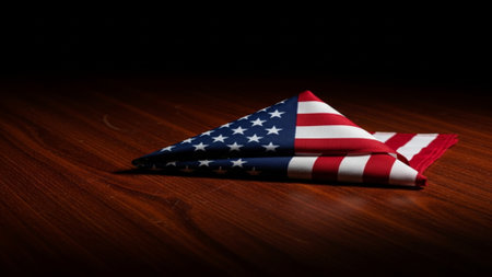 Editorial shot showcasing a small, perfectly folded United States flag resting on a rich, dark woodeの素材
