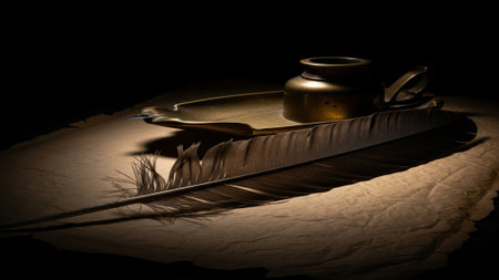 A cinematic wide composition featuring an aged brass inkwell and a feathered quill resting on texturの素材