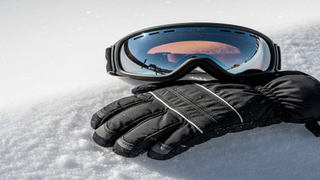 Editorial wide-angle photograph of professional ski goggles and thick winter gloves resting on a deeの素材