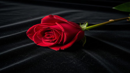 A dramatically lit, extreme macro photograph of a single, perfect long-stem red rose resting diagonaの素材