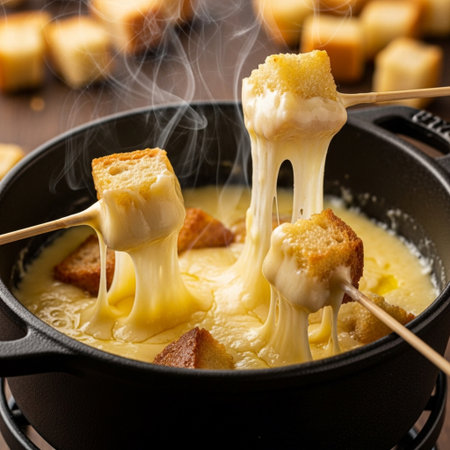 Extreme close-up macro of a bubbling, molten cheese fondue in a ceramic bowl, centered. Several woodの素材