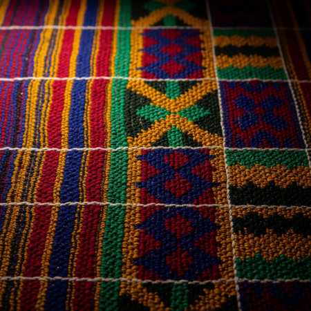 A striking, high-contrast close-up of a traditional Ghanaian Kente textile. The image emphasizes theの素材