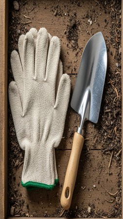 Detailed vertical flatlay shot featuring a pair of used indoor gardening gloves and a small metal haの素材
