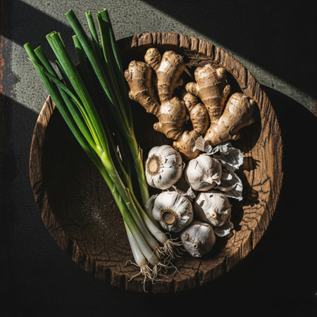 Ginger, garlic and green onion in wooden bowl on black backgroundの素材