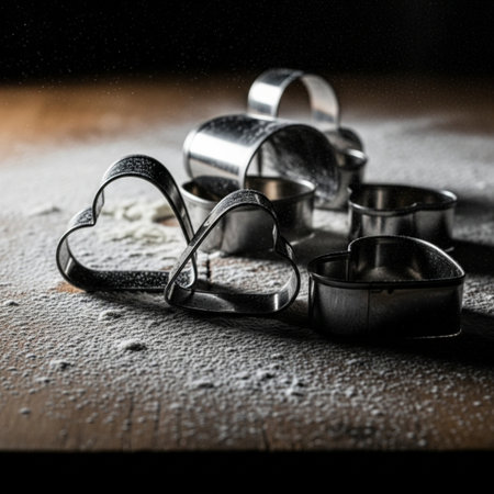 Baking utensils on wooden table with flour, selective focusの素材