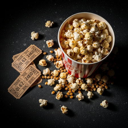 Popcorn in a paper cup on a black background. Toned.の素材