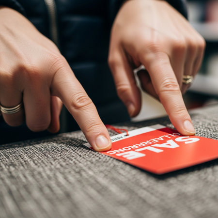 Extreme close-up macro editorial image focusing on the hands of a shopper pointing at a clearance prの素材