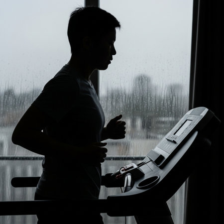 An editorial, cinematic photograph capturing the solitary determination of an individual exercisingの素材