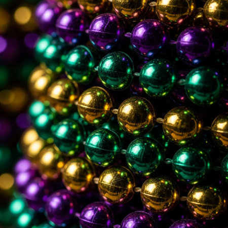 Editorial shot of a substantial stack of classic Mardi Gras carnival beads in the traditional colorsの素材