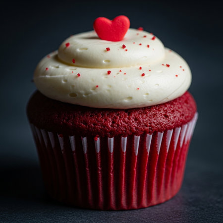 Cinematic editorial close-up of a red velvet cupcake, dramatically tilted (Dutch angle). The luxurioの素材