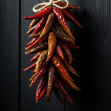 Dried red hot chili peppers on black wooden background, top viewの素材