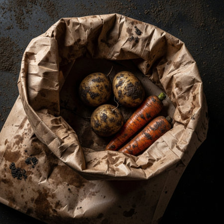 Fresh organic carrots and potatoes in a paper bag on a dark backgroundの素材