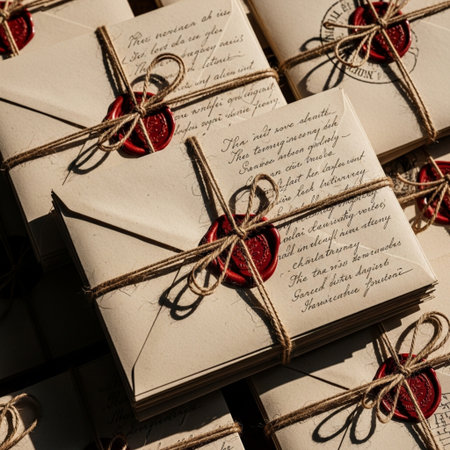 A high-angle, detailed, flat lay image showing a thick bundle of antique, handwritten love letters.の素材