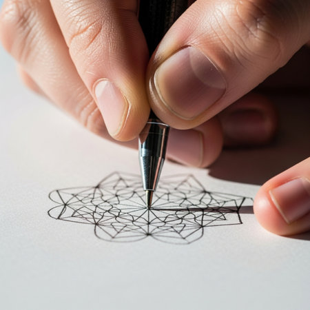 An extreme close-up shot captures the detailed, meditative process of drawing a complex geometric maの素材