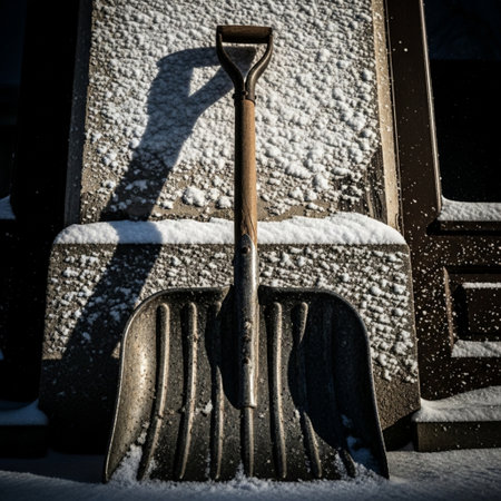 Heavy, decorative snow shovel with textural imperfections leaning against a snow-dusted exterior walの素材
