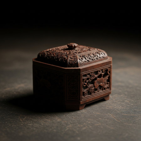 Wooden box with a lid on a dark background close-upの素材