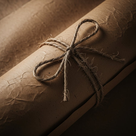 Vintage paper roll tied with rope on brown background. Toned.の素材