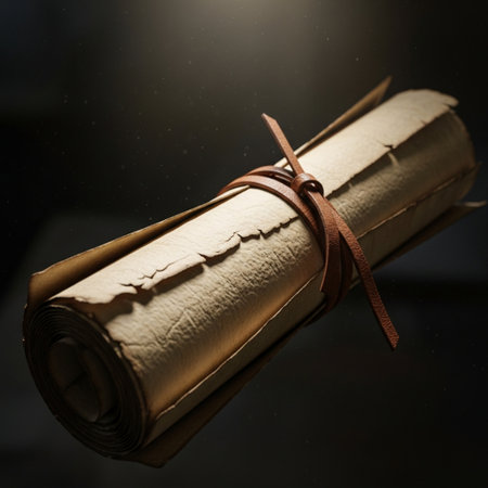 Old paper scroll tied with a brown ribbon on a black background.の素材