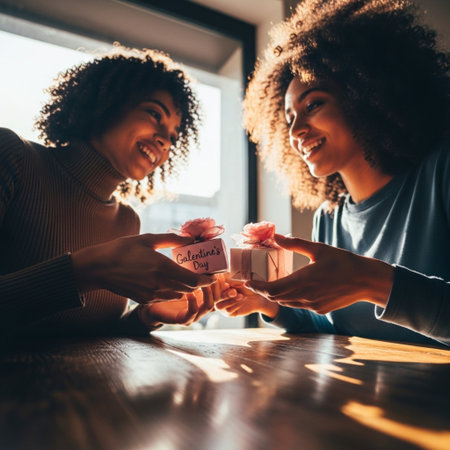 Low angle, cinematic editorial image capturing two candid friends exchanging thoughtful Galentine'sの素材