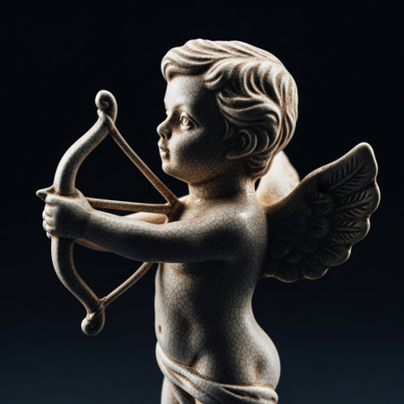 Editorial, side-profile silhouette close-up of a small, heavily textured ceramic Cupid statue holdinの素材