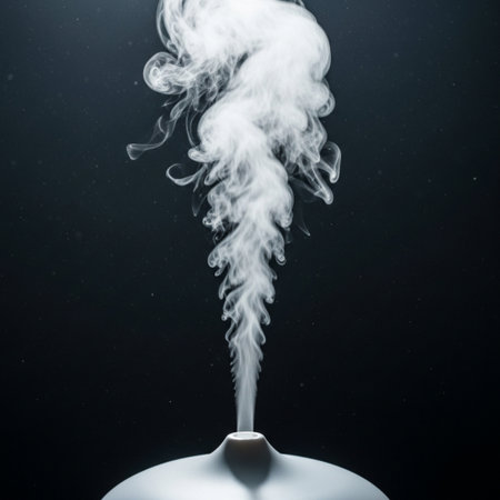 Editorial, cinematic over-the-shoulder POV photograph capturing an electric essential oil diffuser eの素材