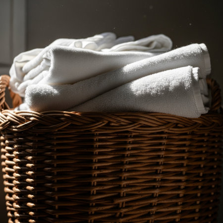 Editorial close-up, low angle view of a wicker basket brimming with crisp, freshly laundered and metの素材