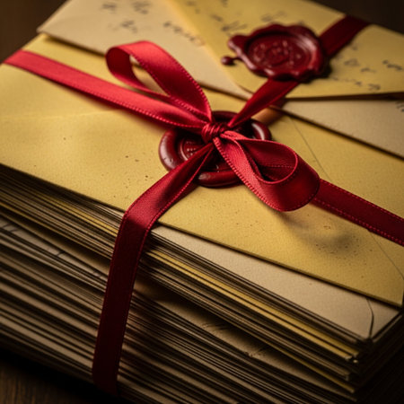 A dramatic, extreme close-up macro shot capturing a stack of highly textured, vintage love letters,の素材