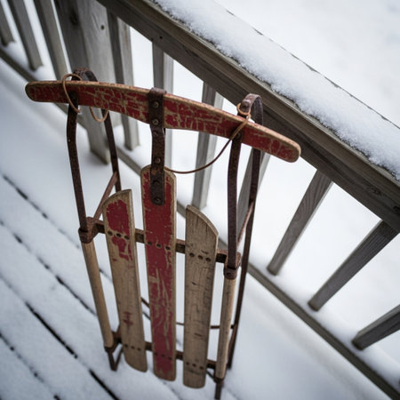 An evocative high-angle, top-down cinematic view of an antique wooden sled resting vertically againsの素材