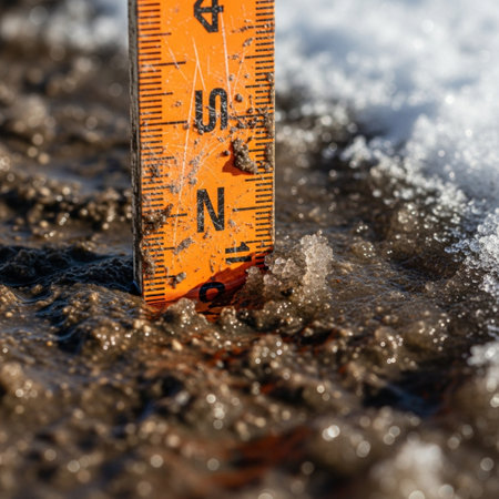 Editorial image of a construction or surveying measuring stick partially buried in thick, thawing muの素材