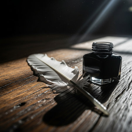 Editorial closeup of an antique writing set, featuring a feather quill pen dipped in a glass inkwellの素材