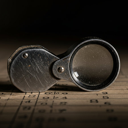 Old black binoculars on a wooden table. Selective focus.の素材