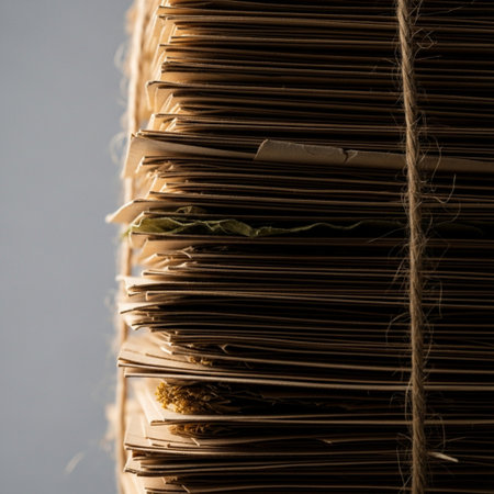 Stack of brown cardboard boxes on grey background. Shallow depth of field.の素材