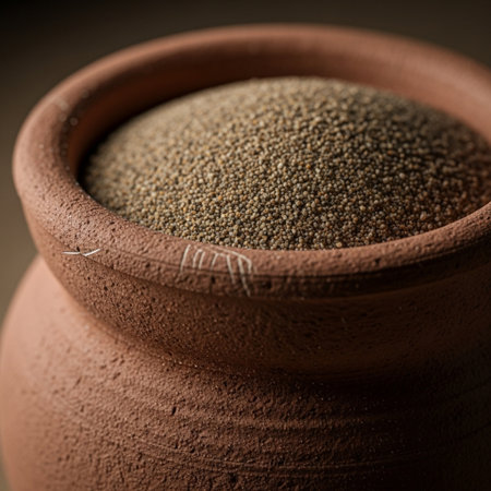 Poppy seeds in clay pot. Selective focus. Toned.の素材