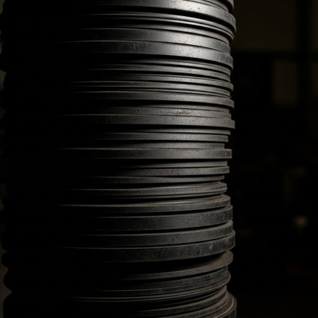 Stack of old black rubber plates on black background. Selective focus.の素材