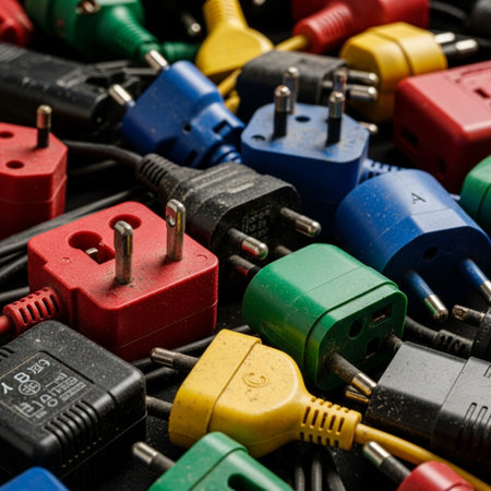 Close-up of different types of electronic connectors. Selective focus.の素材