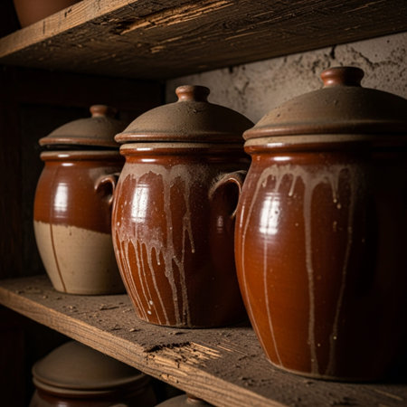 Clay pots on a wooden shelf in the kitchen. Toned.の素材
