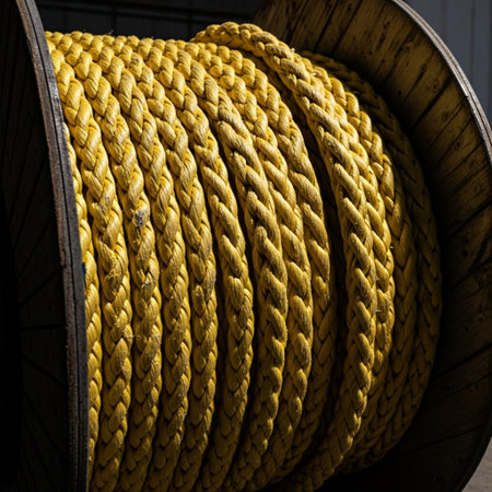 Close-up, cinematic photograph of a large, weathered industrial spool containing thick, bright safetの素材