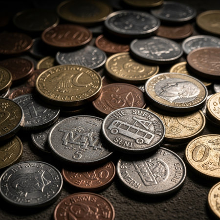 Authentic, high-value extreme macro shot detailing a chaotic mix of various international coins andの素材